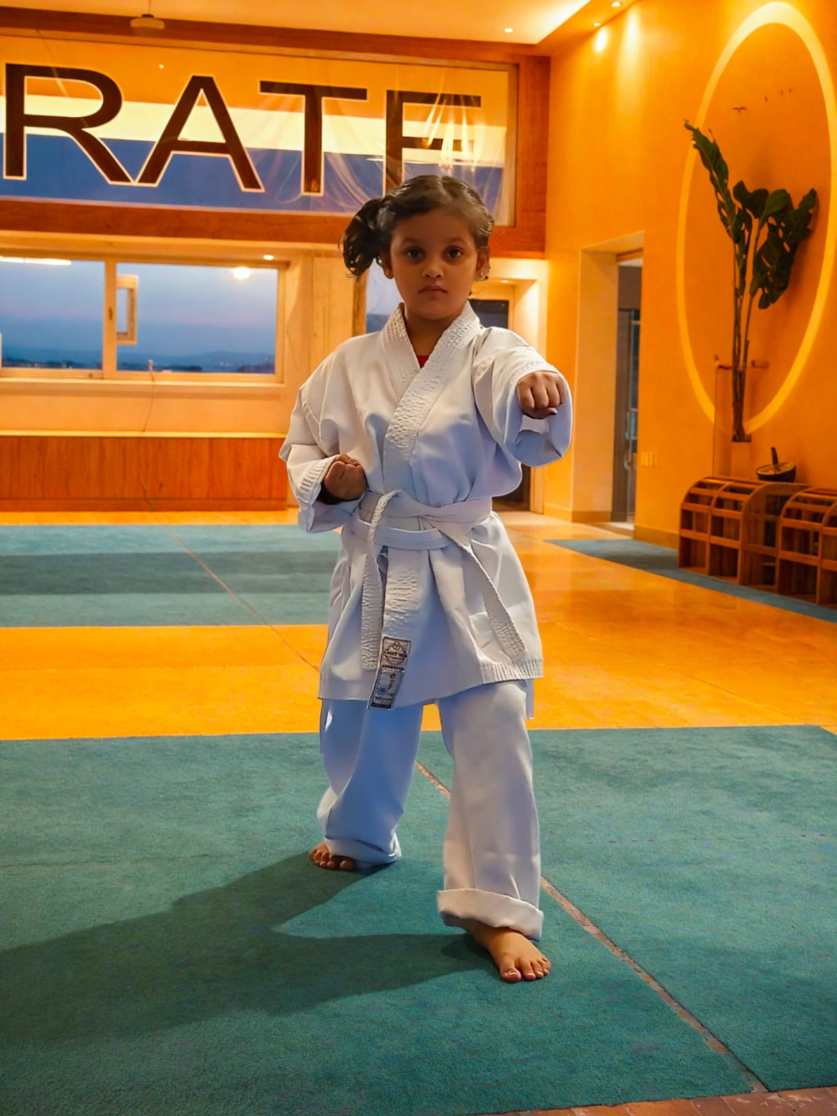 Young karate student in white gi practicing a stance