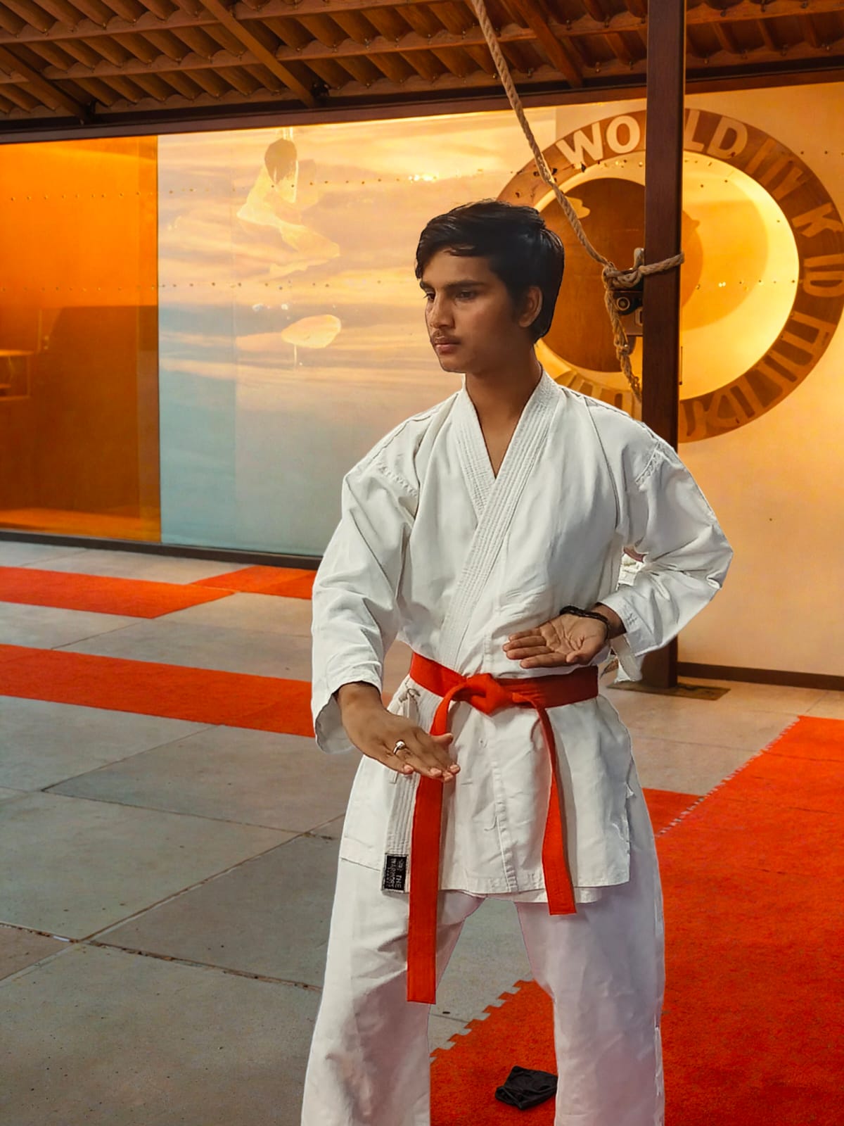 Teen male student in red belt karate stance
